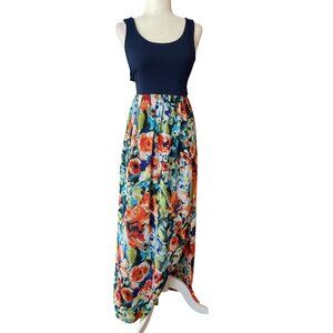 Le Lis Navy Blue Colorful Floral Cross Back Summer Maxi Dress SZ S